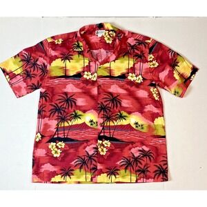 Aloha Republic Hawaiian Shirt Mens Red Tropical Palm Tree Hibiscus Button Down